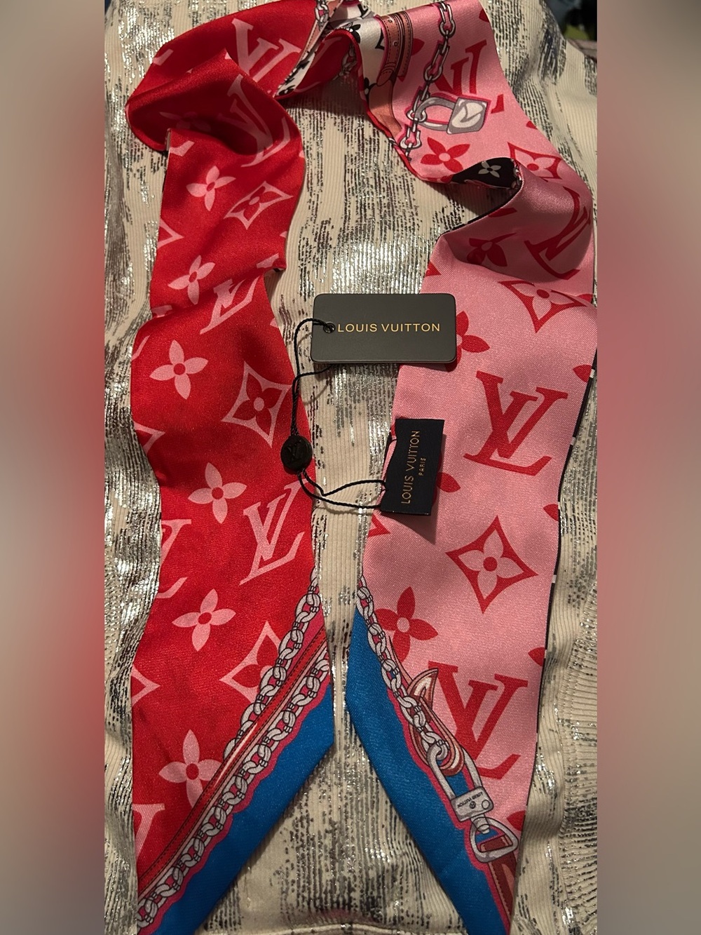 Louis Vuitton Red & Pink Monogram 100% Silk Twilly Gorgeous